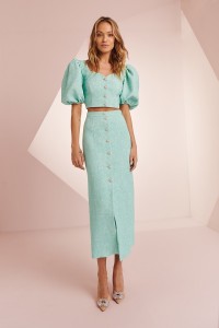 Conjunto de top y falda brocado aguamarina para invitada