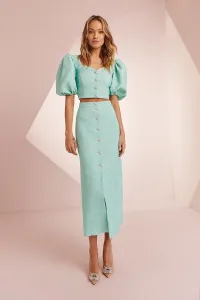 Conjunto de top y falda brocado aguamarina para invitada