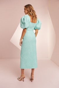Conjunto de top y falda brocado aguamarina para invitada