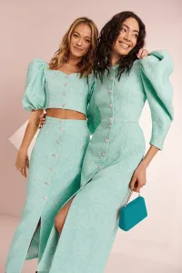 Conjunto de top y falda brocado aguamarina para invitada