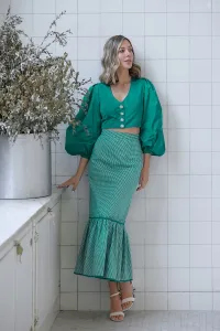 Falda midi cuadro vichy volantes blanco y verde