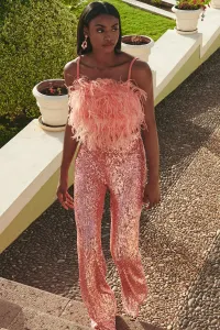 Top corto de fiesta de plumas crepe coral