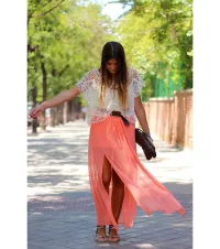 Comprar online falda larga de gasa de verano color rosa o coral