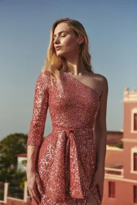 Vestido de fiesta asimetrico largo de lentejuelas coral