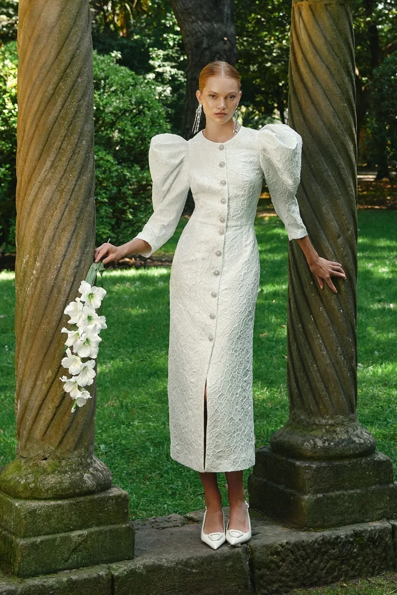 Vestido midi manga abullonada brocadoflores blanco