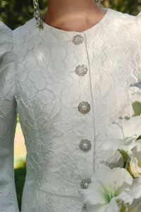 Vestido midi manga abullonada brocadoflores blanco