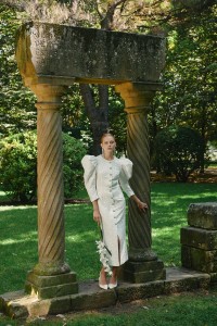 Vestido midi manga abullonada brocadoflores  blanco