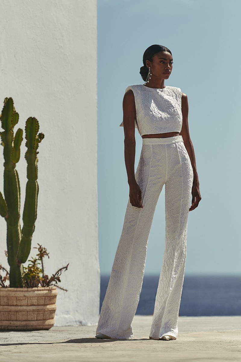 Pantalón Palazzo  jacquard flores Blanco novia civil
