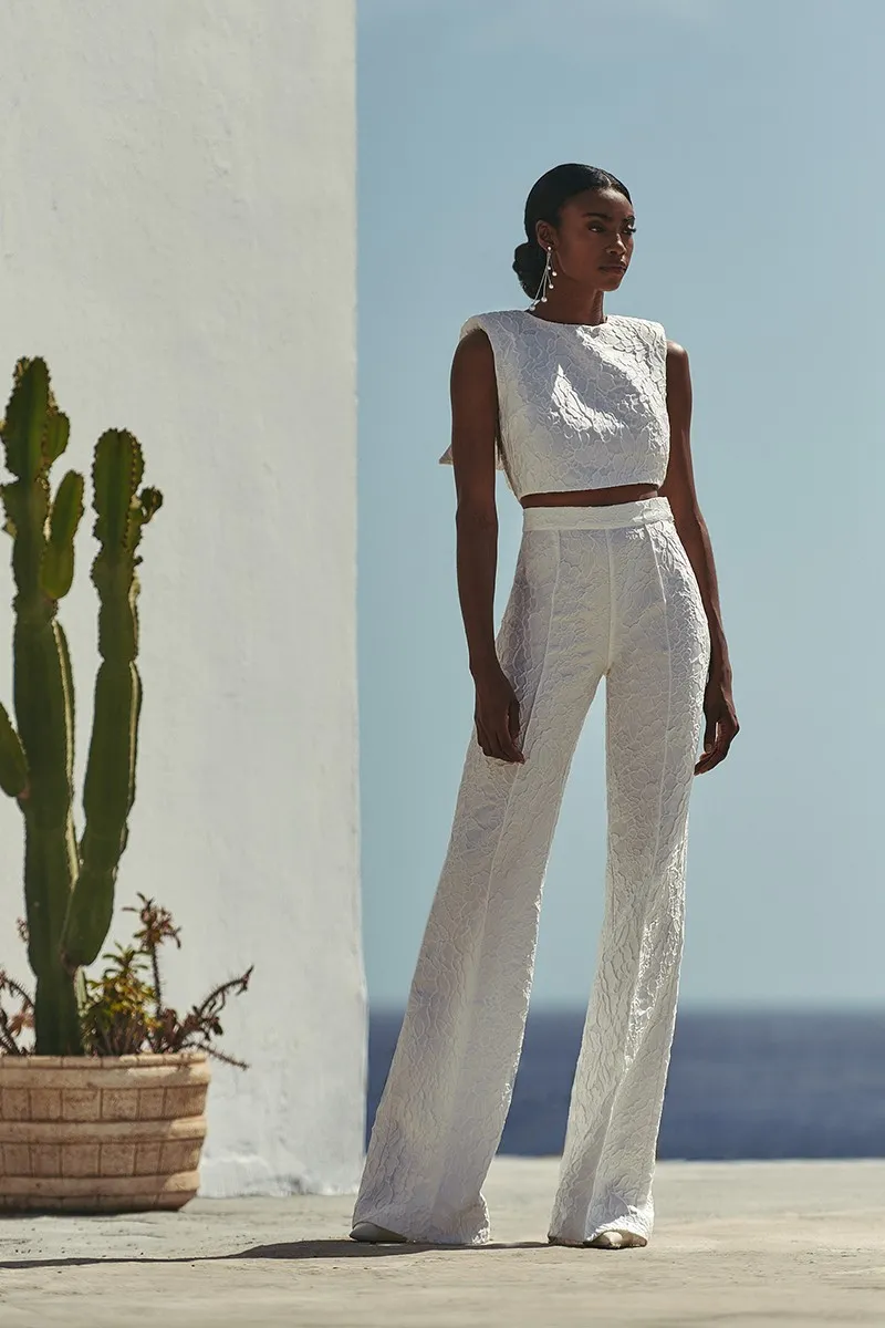 Pantalón Palazzo jacquard flores Blanco novia civil