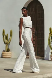 Top corto brocado flores blanco con lazo espalda para boda civil