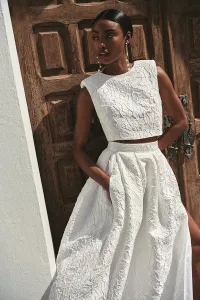 Top corto brocado flores blanco para boda civil