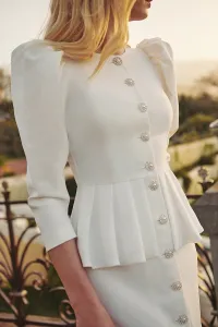 vestido midi de crepe blanco con peplum manga abullonada jamon y