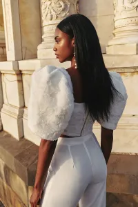 top manga campana tul bordado blanco de novia