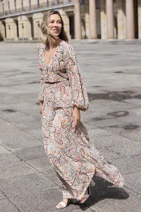 Top en gasa azul beige estampado con manga abullonada