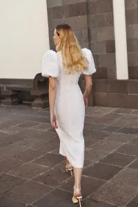 Vestido midi manga globo brocado blanco