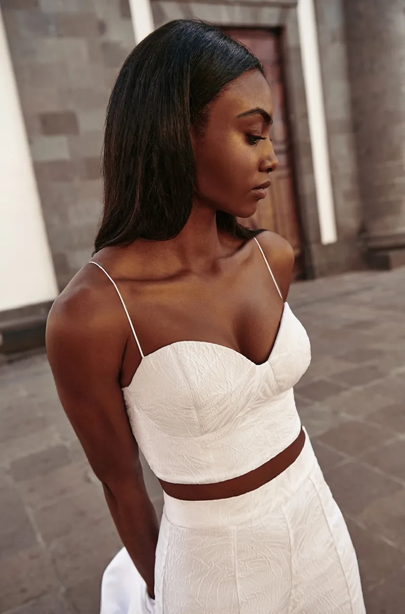 top corto corpiño brocado blanco para novia