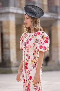 Vestido lino sostenible bordado flores manga globo para invitada
