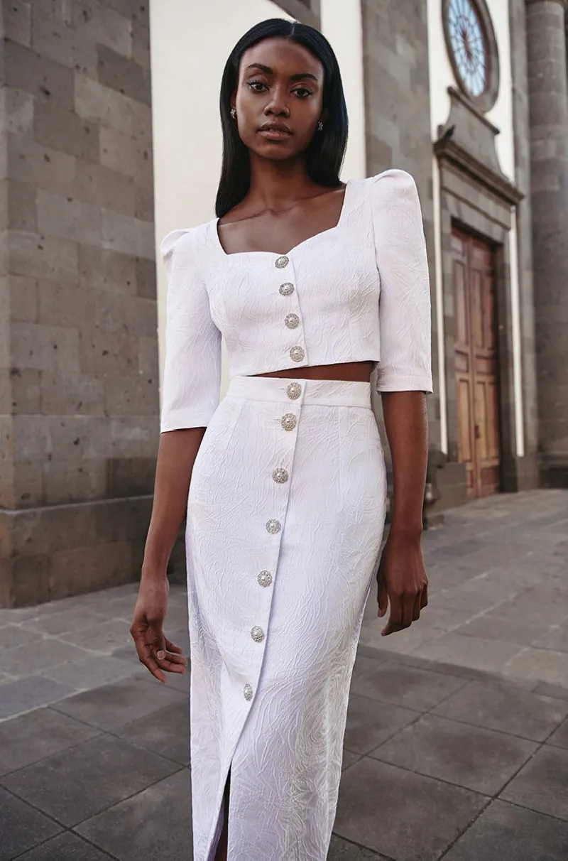 Falda brocada blanca midi joya