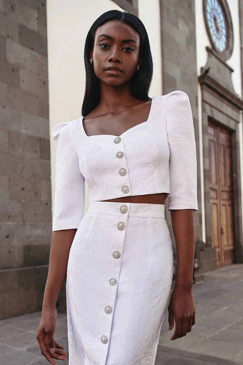 Top joya de jacquard brocado blanco escote corazon