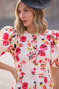 Vestido lino sostenible bordado flores manga globo  para invitada