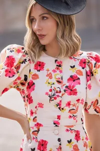 Vestido lino sostenible bordado flores manga globo para invitada