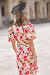 Vestido lino sostenible bordado flores manga globo para invitada