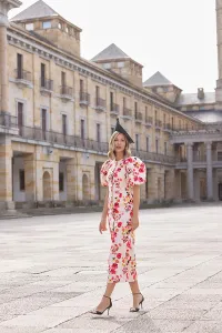 Vestido lino sostenible bordado flores manga globo para invitada