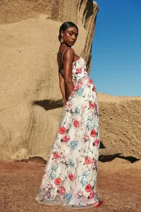 Vestido corpiño largo tul bordado flores colores sobe crepe blanco