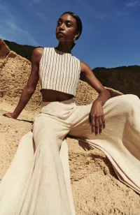 Top cruzado espalda lino beige rayas lentejuelas