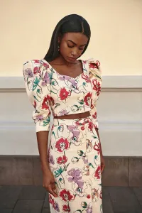 top manga jamón de lino con flores bordadas para invitadas