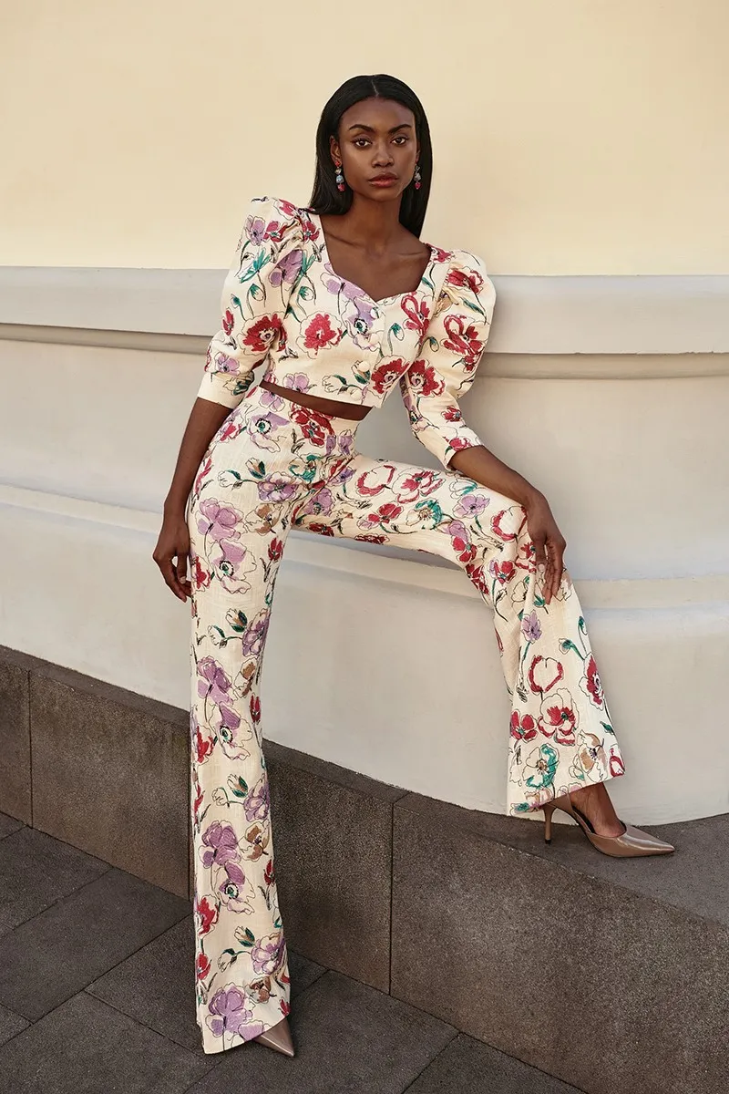 Pantalón Palazzo lino beige bordado flores para invitada