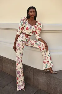 Pantalón Palazzo lino beige bordado flores para invitada
