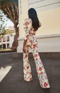 Pantalón Palazzo lino beige bordado flores para invitada