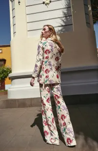 Pantalón Palazzo lino beige bordado flores para invitada
