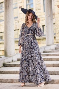 Top en gasa azul marino estampada  con manga abullonada
