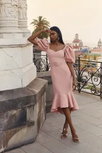 Vestido rosa palo con volante para mama de comunion
