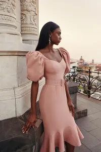 Vestido rosa palo con volante para mama de comunion