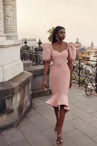 Vestido rosa palo con volante para mama de comunion