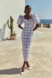 vestido midi de manga globo y escote corazon de lentejuelas