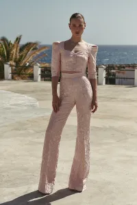 Pantalon palazzo brocado para invitada rosa nude