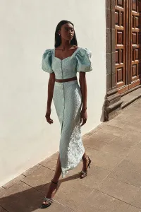 Top joya manga globo brocado flores aguamarina