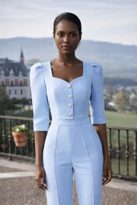 Conjunto de top joya y palazzo de crep azul