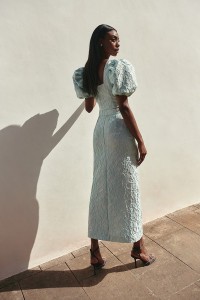Falda brocada flores aguamarina midi con botones joya