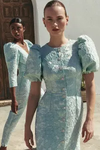 Vestido brocado aguamarina con mangas abullonadas y botones joya