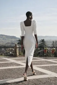 vestido brocado blanco con peplum manga francesa mama comunion o