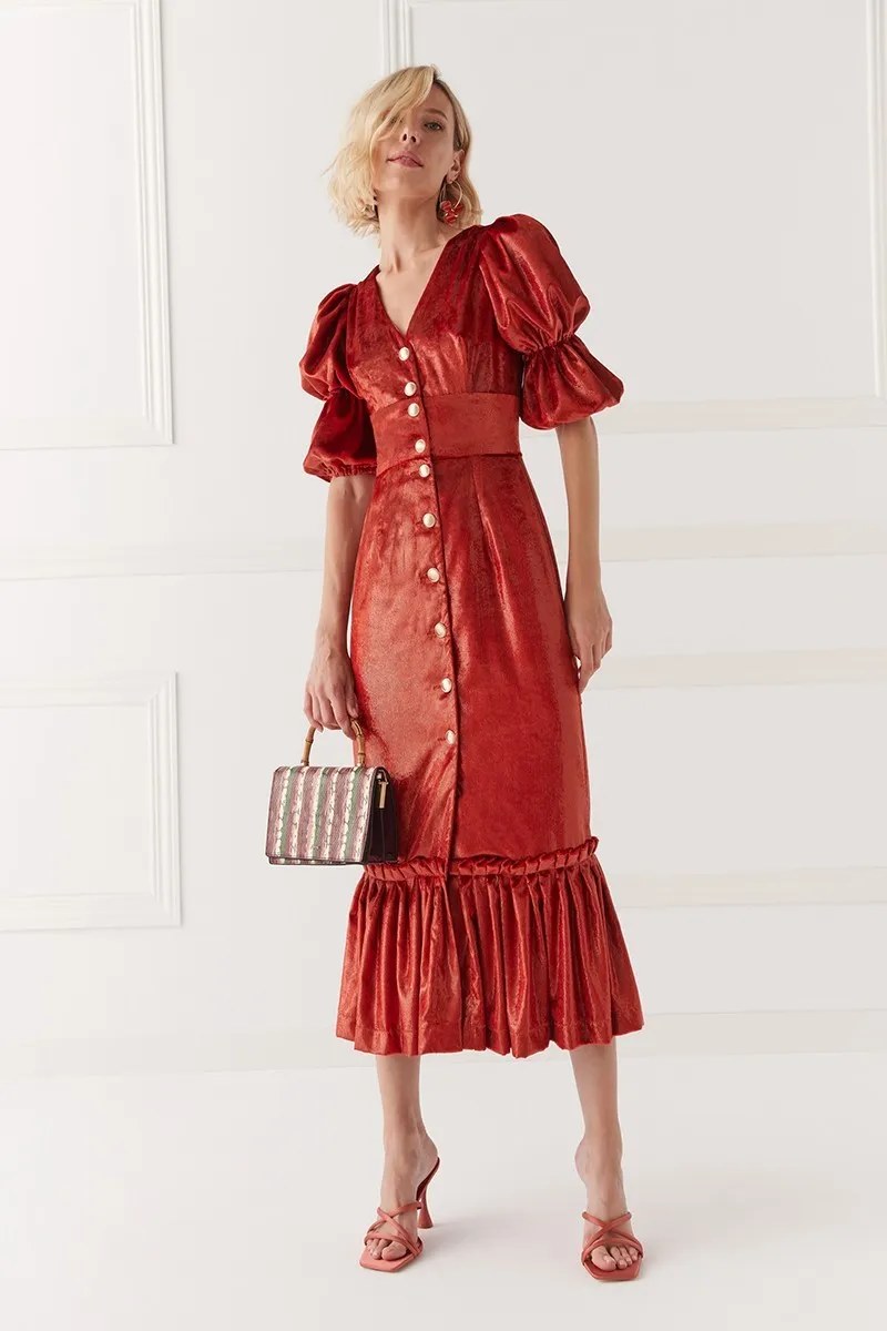 Vestido de fiesta de terciopelo teja con falda midi&nbsp;con volante
