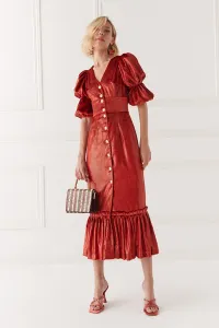 Vestido de fiesta de terciopelo teja con falda midi&nbsp;con volante
