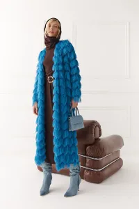 Abrigo de flecos azul efecto pelo otoño invierno