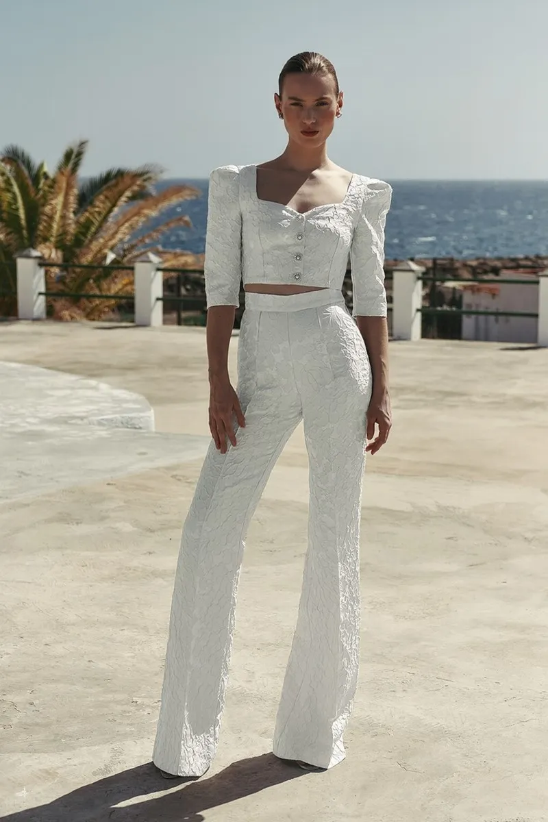 Conjunto de Top joya y palazzo brocado blanco Mía