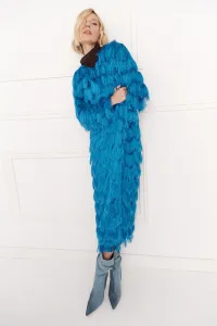 Abrigo de flecos azul efecto pelo otoño invierno